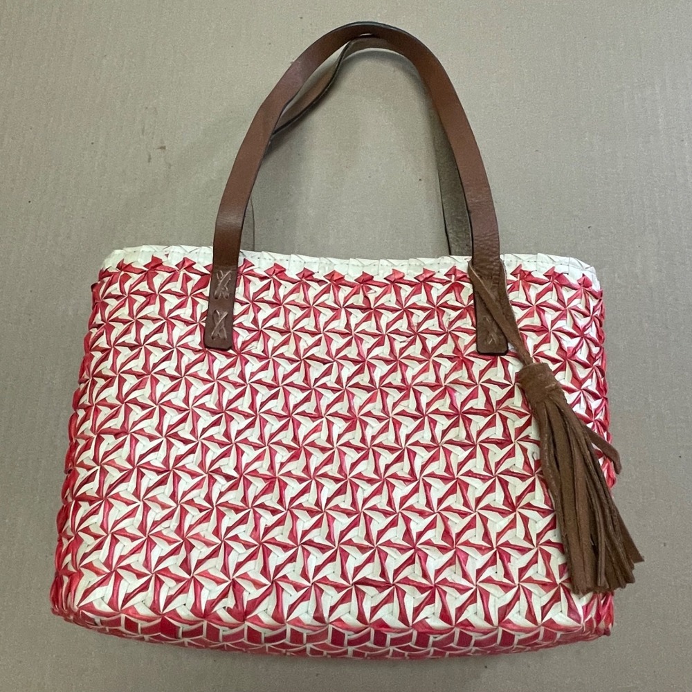 KAYU Red White Woven Straw Tote Bag Handcrafted Boho Summer Beach Purse Tassel